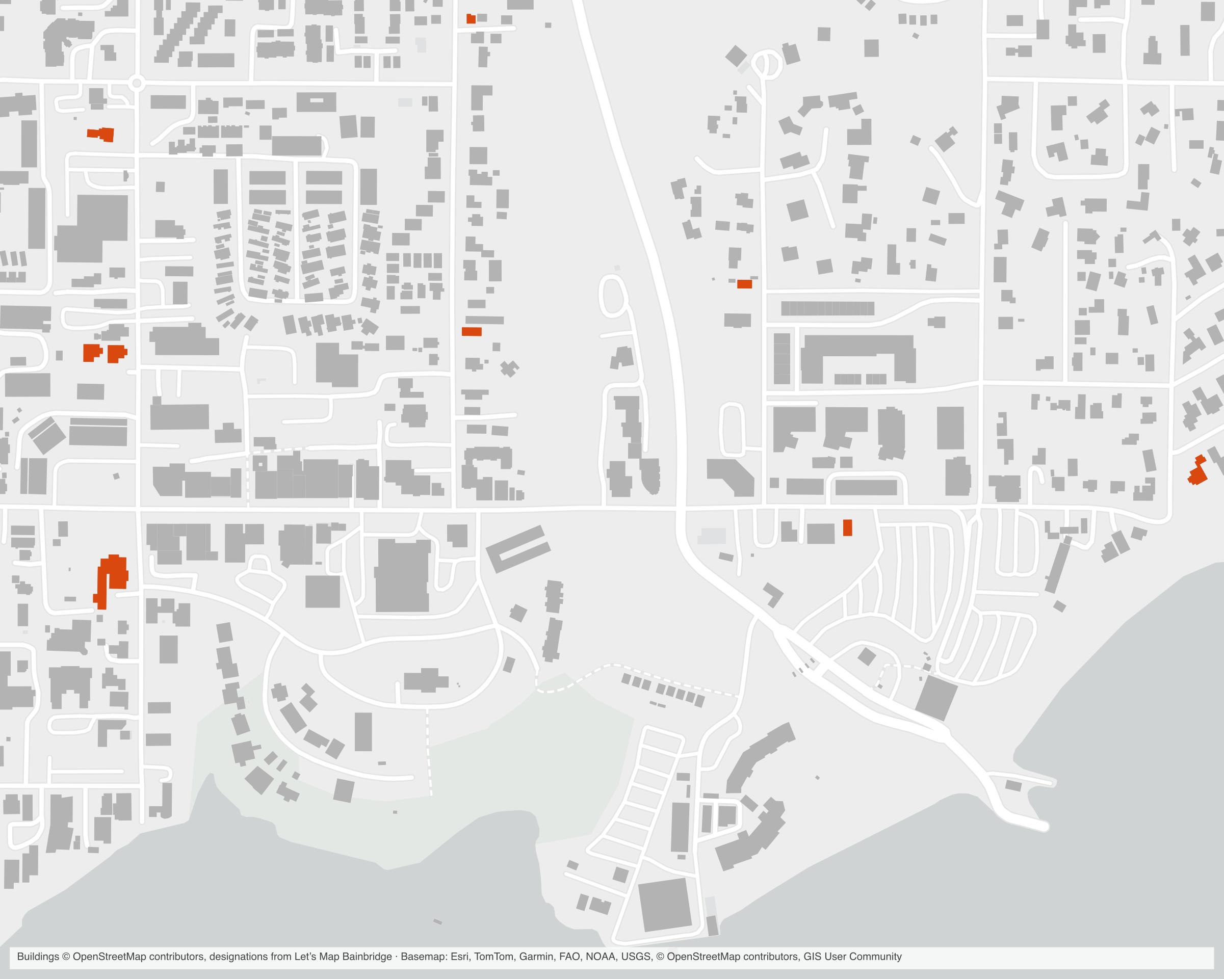 Street map of Winslow on Bainbridge Island, with buildings in gray and those with a historic designation highlighted in orange